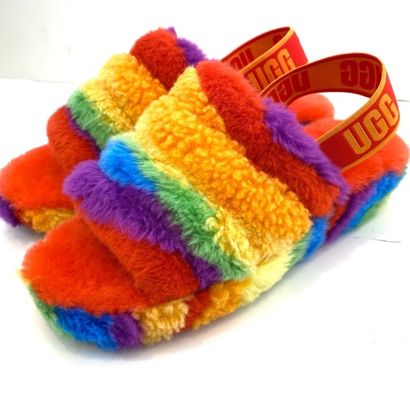 UGG Fluff Yeah Cali Collage Rainbow Pride Slide Slipper Sandal Woman’s - Picture 2 of 5
